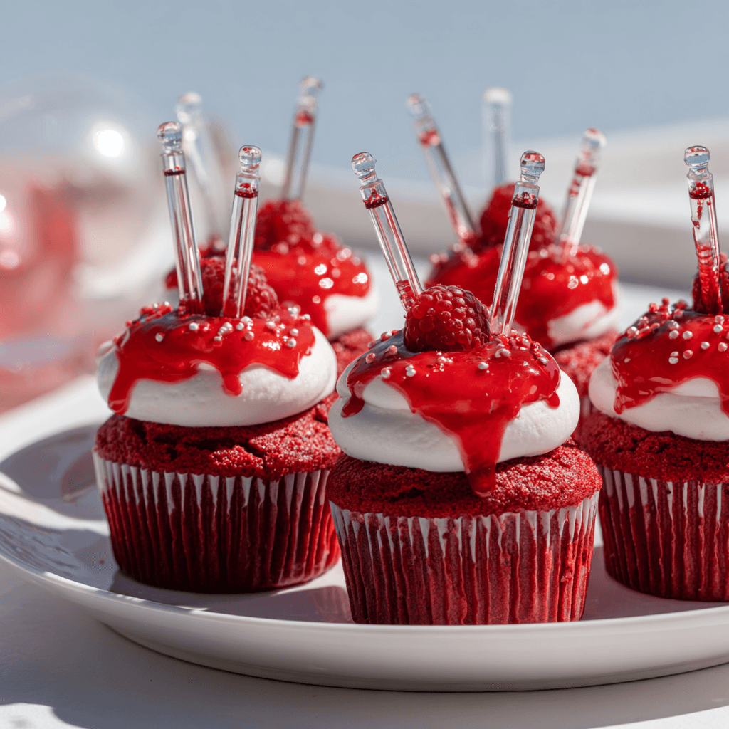 Served Vampire Bite Red Velvet Cupcakes for Halloween