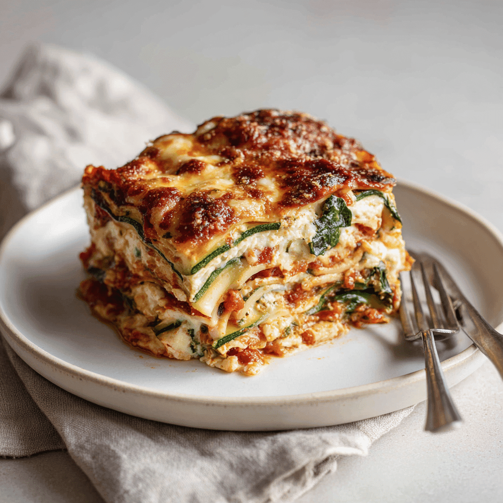 A slice of vegetable lasagna on a white plate