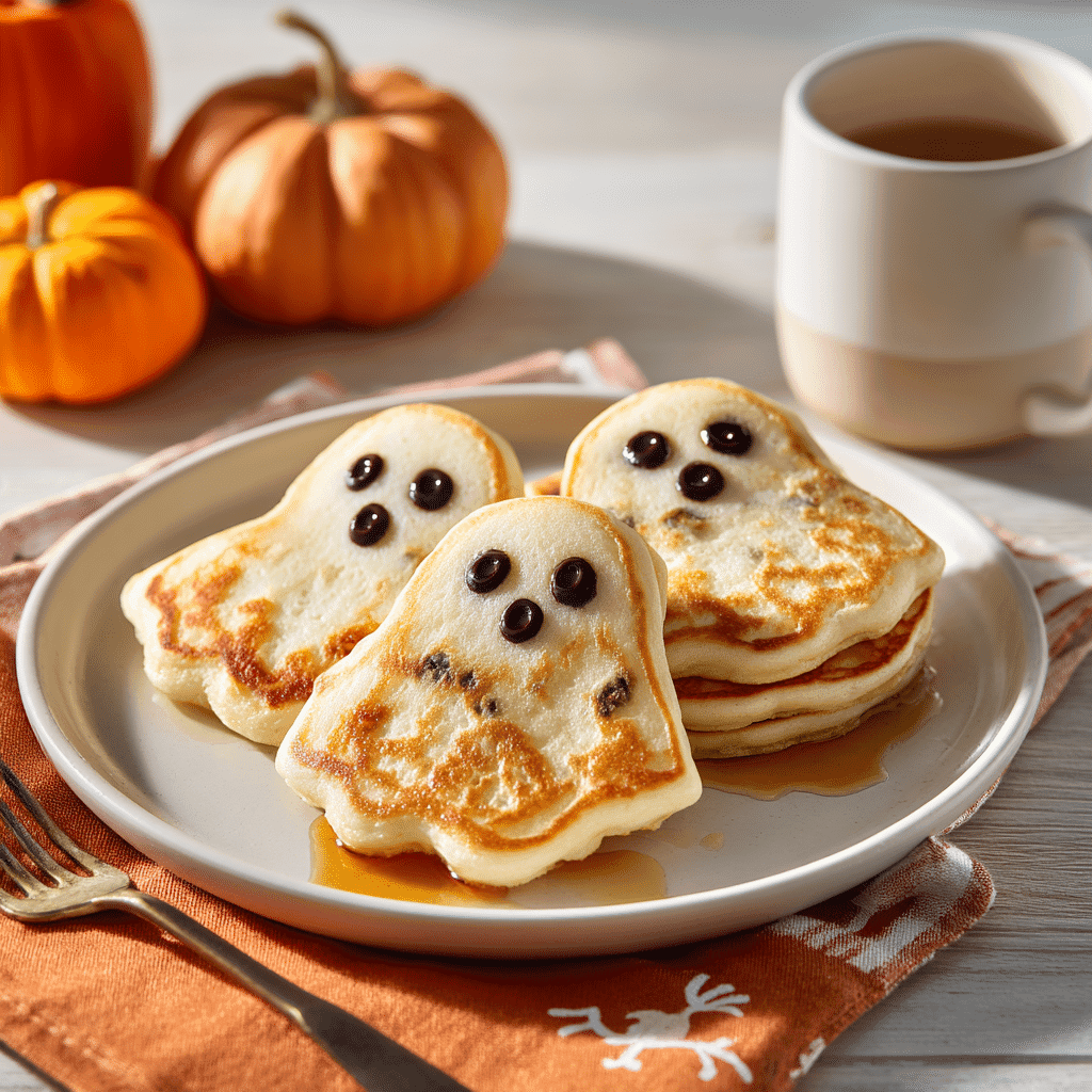 Ghost pancakes served with maple syrup