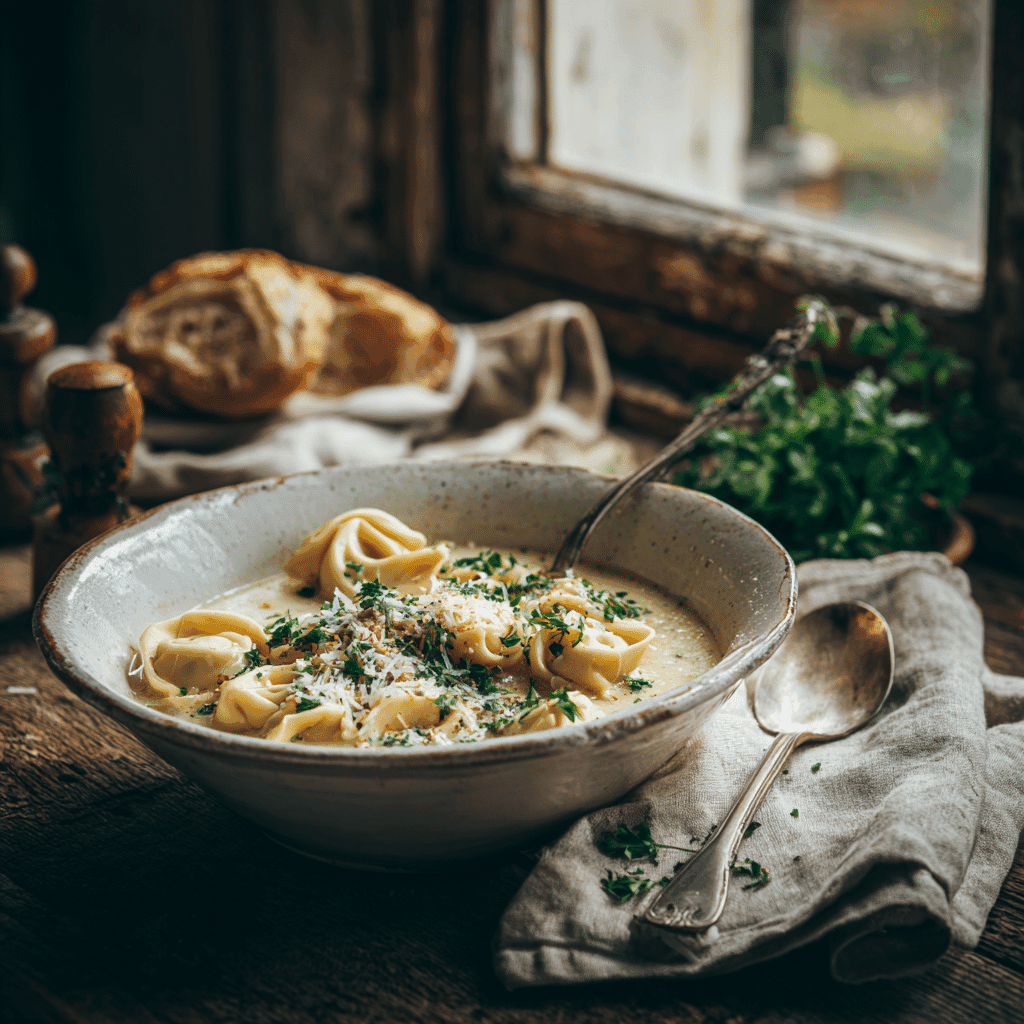 Creamy Tortellini Soup served in rustic white bowl on a cozy fall table
