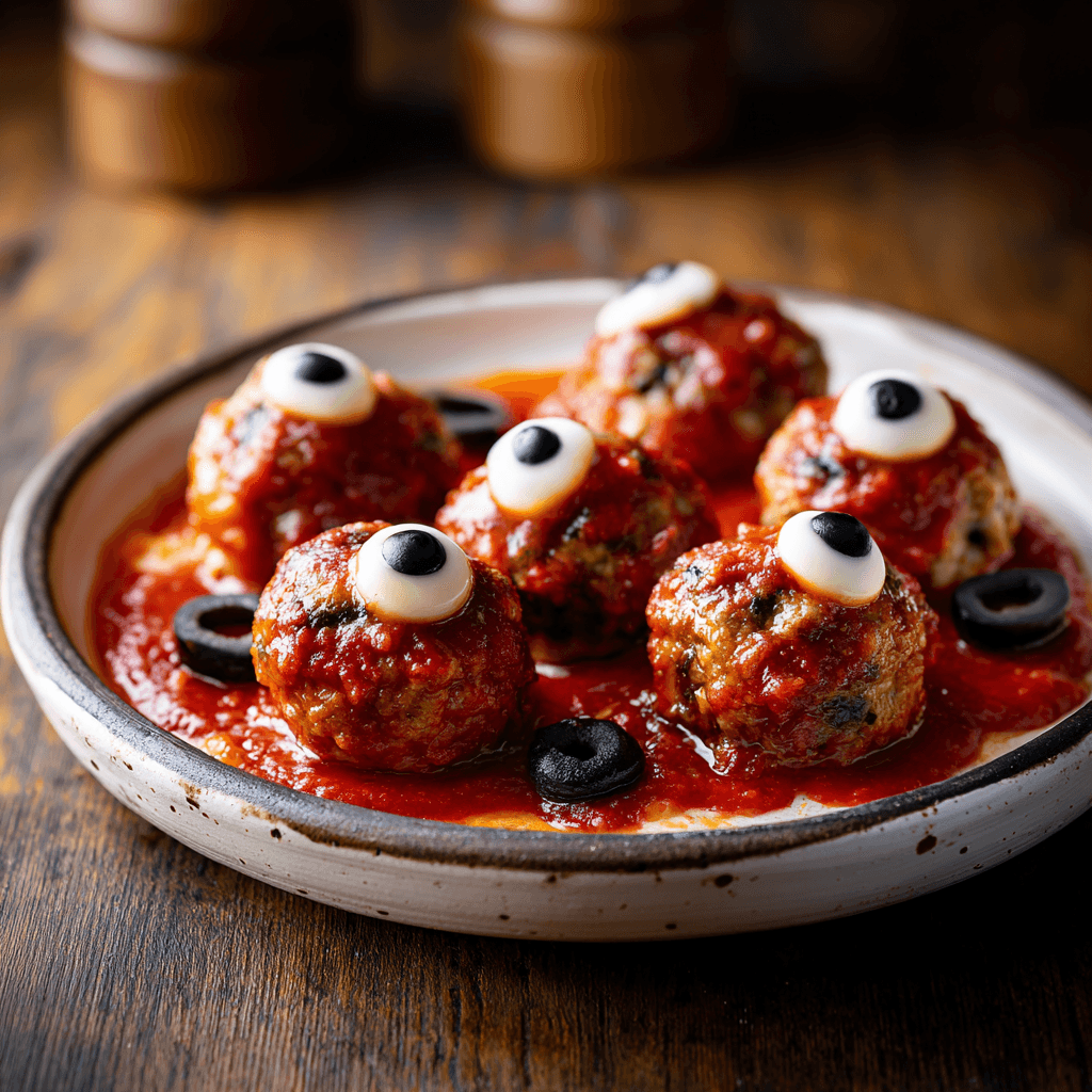 Bloody Eyeball Meatballs in Marinara on white plate