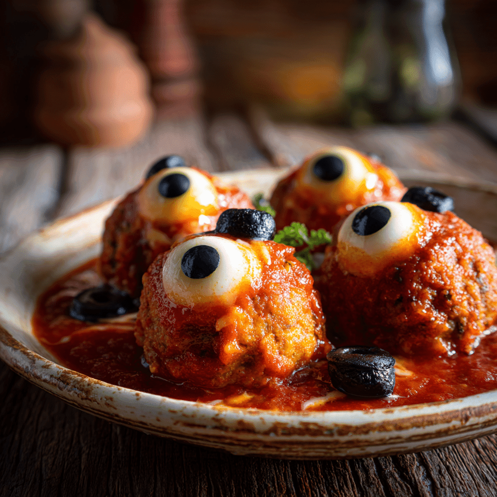 Bloody Eyeball Meatballs in Marinara on white plate