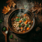 Slow Cooker Beef Barley Soup served in a rustic bowl with fall ambiance