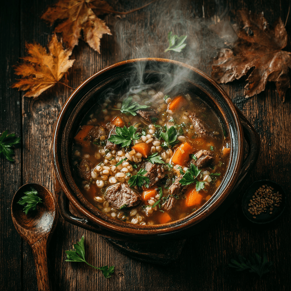 Slow Cooker Beef Barley Soup served in a rustic bowl with fall ambiance