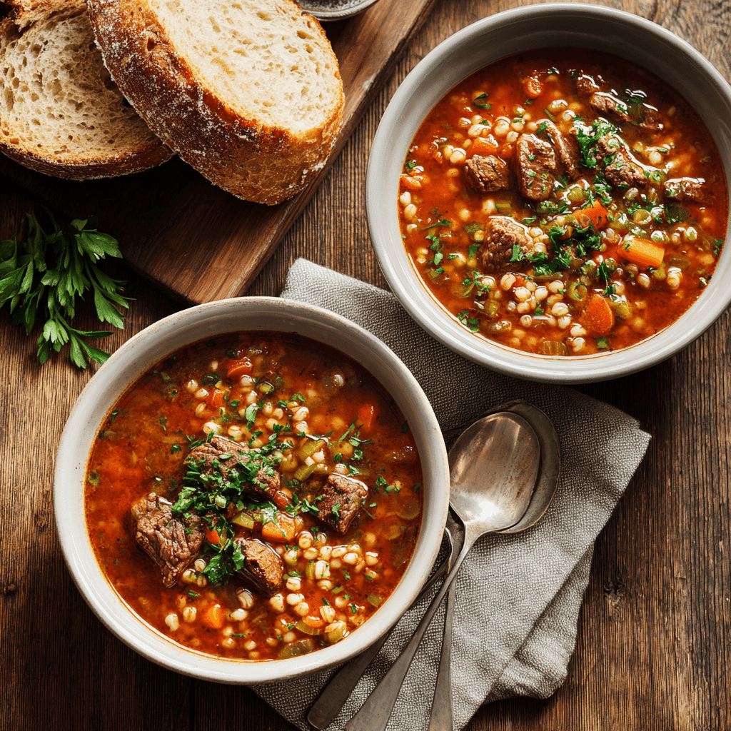 Two bowls of Slow Cooker Beef Barley Soup served with bread