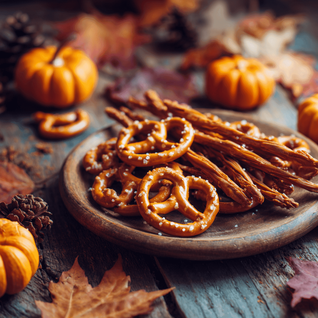 Witch’s Broomstick Pretzel Snacks on wooden plate with autumn decor