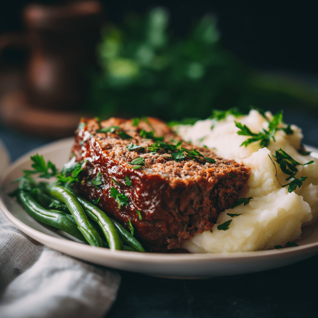 Served slice of Stuffed Italian Meatloaf with sides