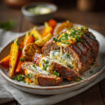 Stuffed Italian Meatloaf sliced on white platter with herbs and veggies