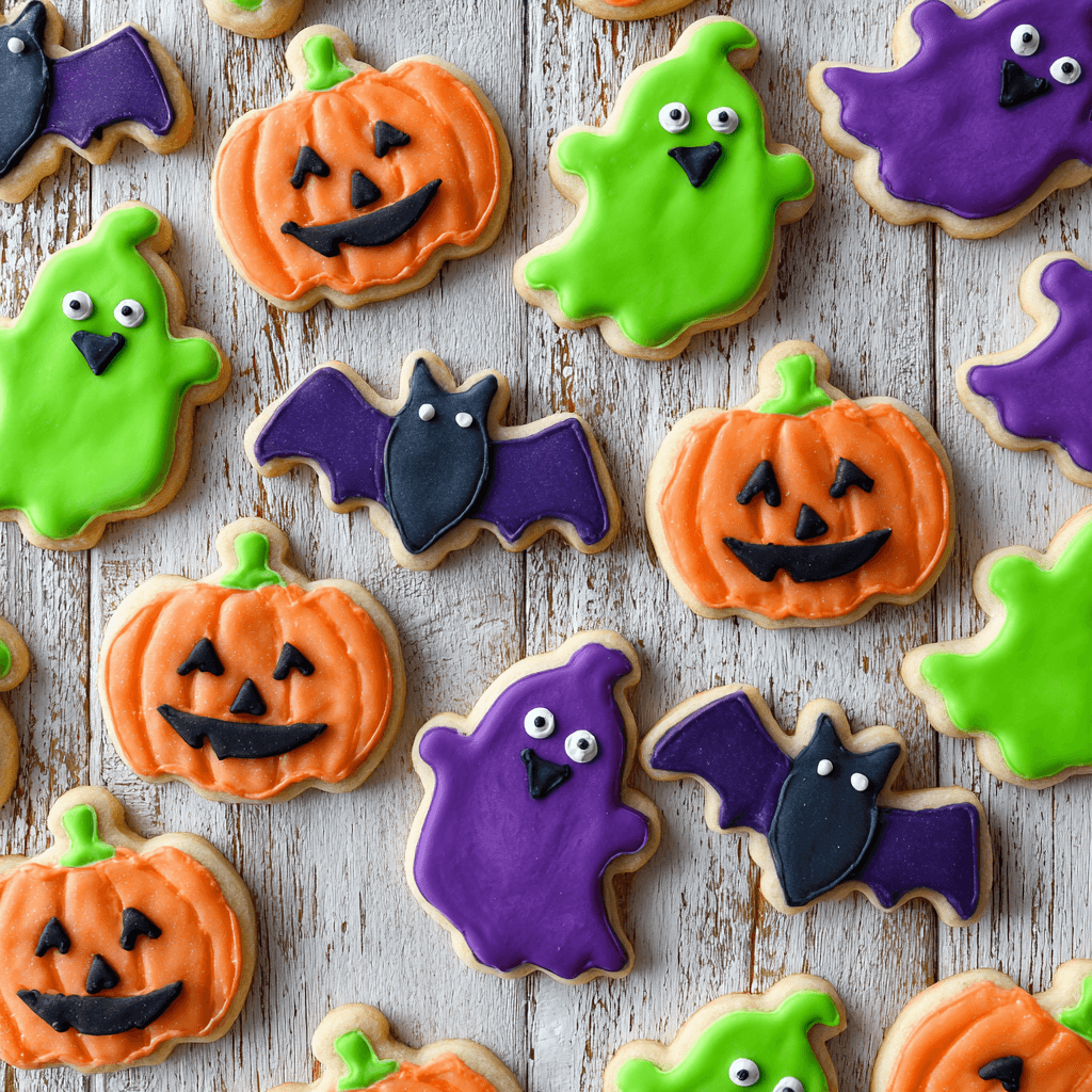 Glow-in-the-Dark Halloween Sugar Cookie Cutouts with neon icing on wooden board