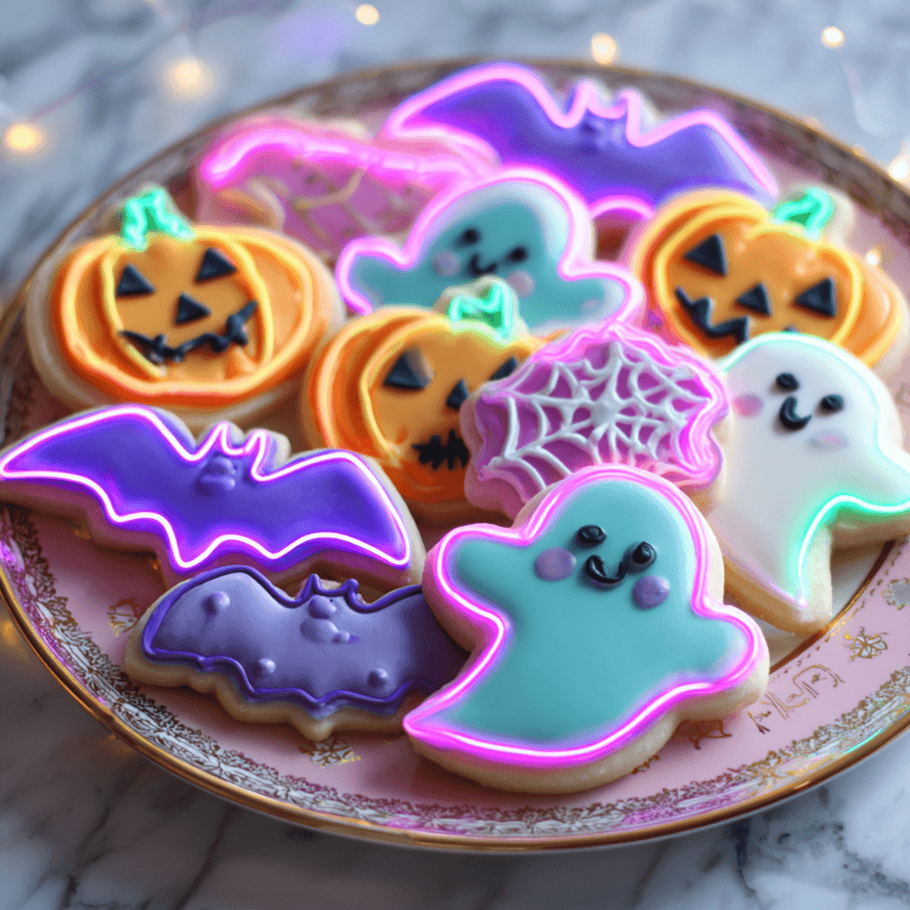 Glowing Halloween sugar cookies served on a party plate
