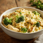 Cheesy Chicken Broccoli Orzo in bowl