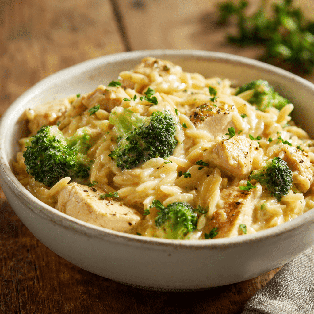 Cheesy Chicken Broccoli Orzo in bowl