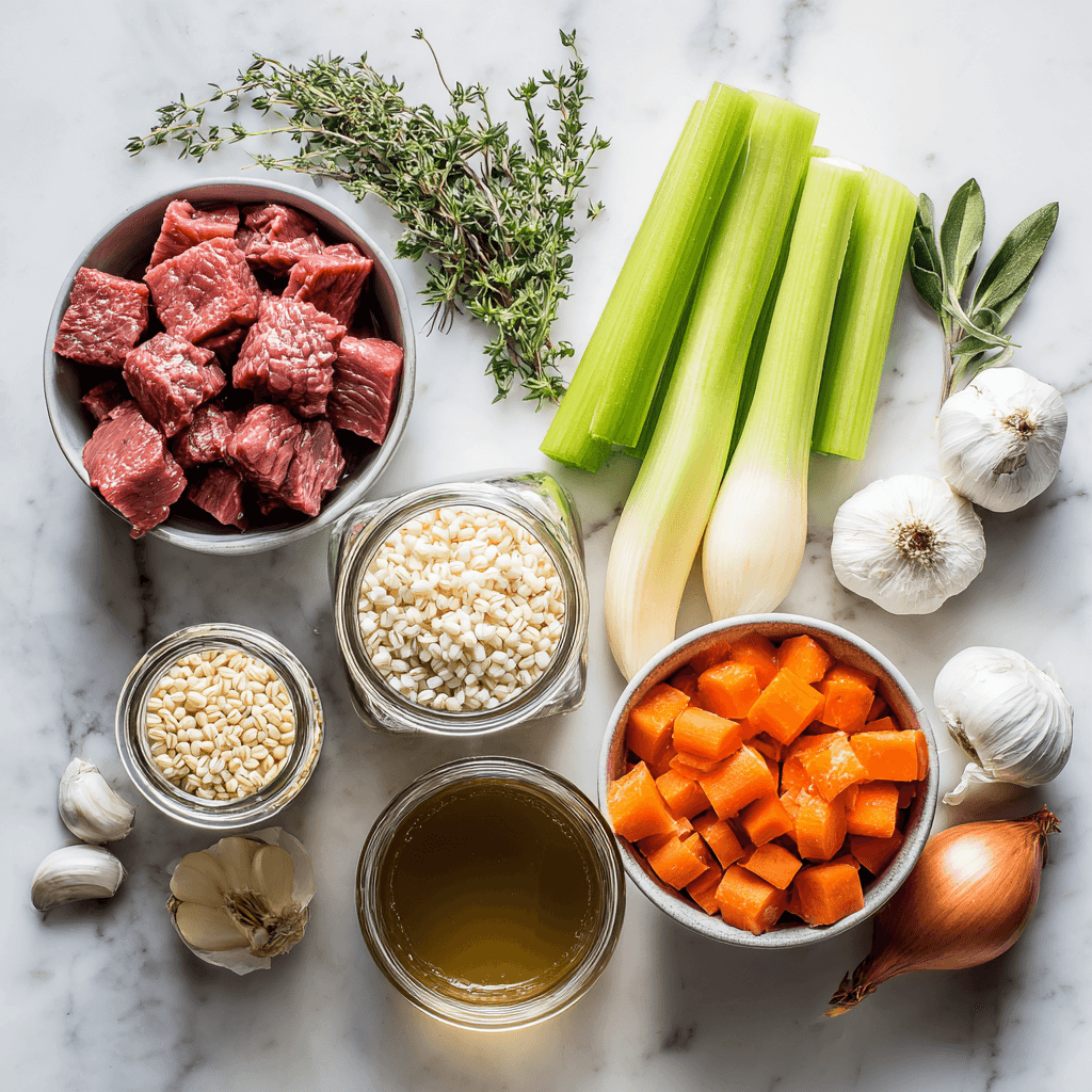 Ingredients for Slow Cooker Beef Barley Soup laid out on a kitchen counter