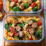 Bright kitchen scene with 15-minute chicken sausage pasta meal prep in containers