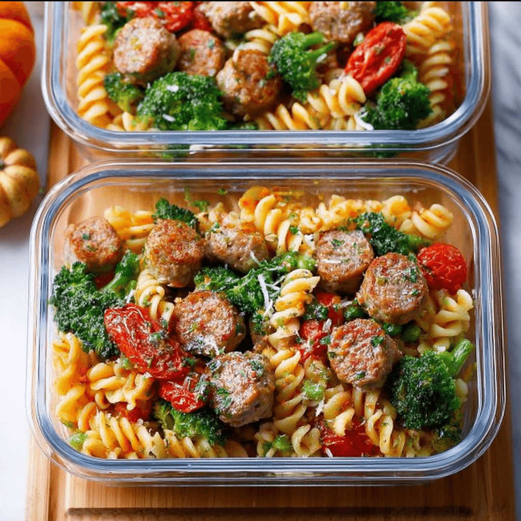 Bright kitchen scene with 15-minute chicken sausage pasta meal prep in containers