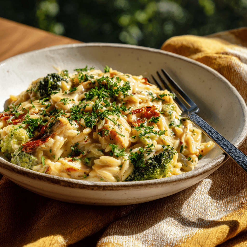 Served cheesy chicken broccoli orzo in bowl
