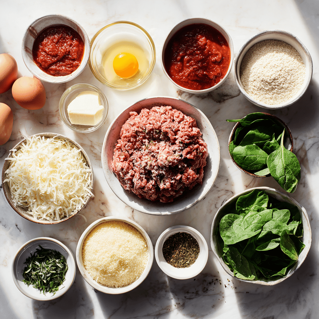 Ingredients for Stuffed Italian Meatloaf laid out on kitchen counter