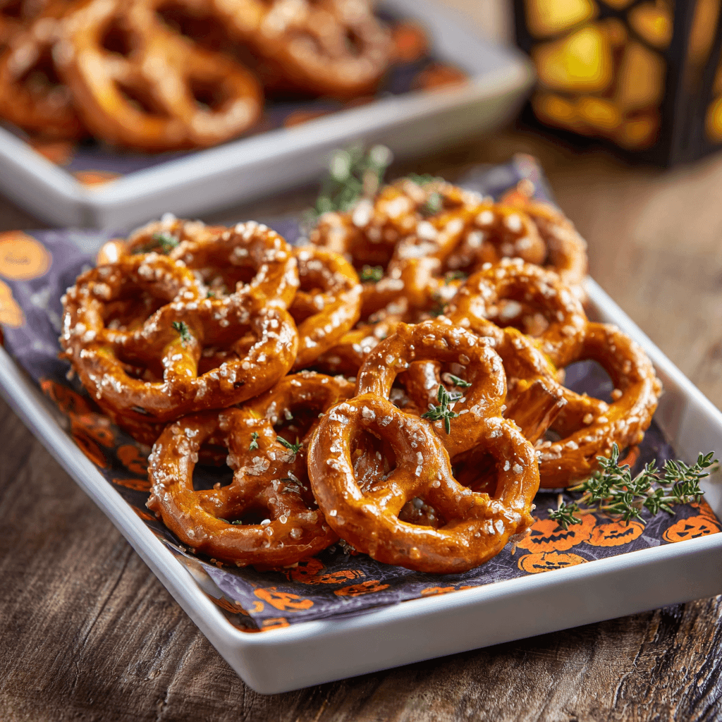 Witch’s Broomstick Pretzel Snacks served on a white platter for Halloween