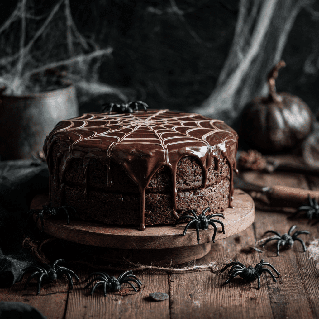 Spider Web Chocolate Ganache Cake on Halloween table