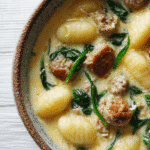 Creamy Italian Sausage & Gnocchi Soup in rustic bowl