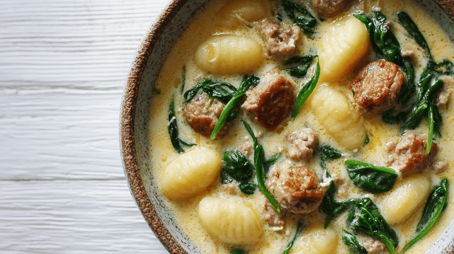 Creamy Italian Sausage & Gnocchi Soup in rustic bowl
