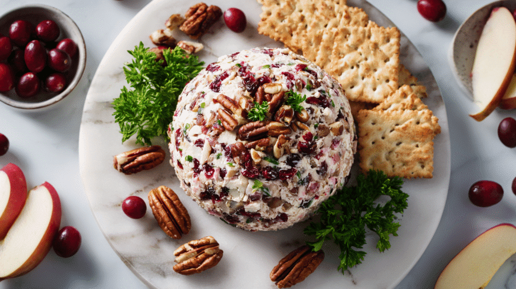 Cranberry pecan cheese ball served with crackers and apples