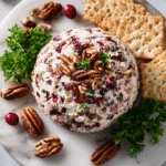 Cranberry pecan cheese ball served with crackers and apples