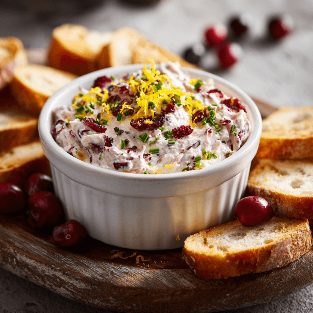 Cranberry Orange Cream Cheese Spread in white bowl with bread slices