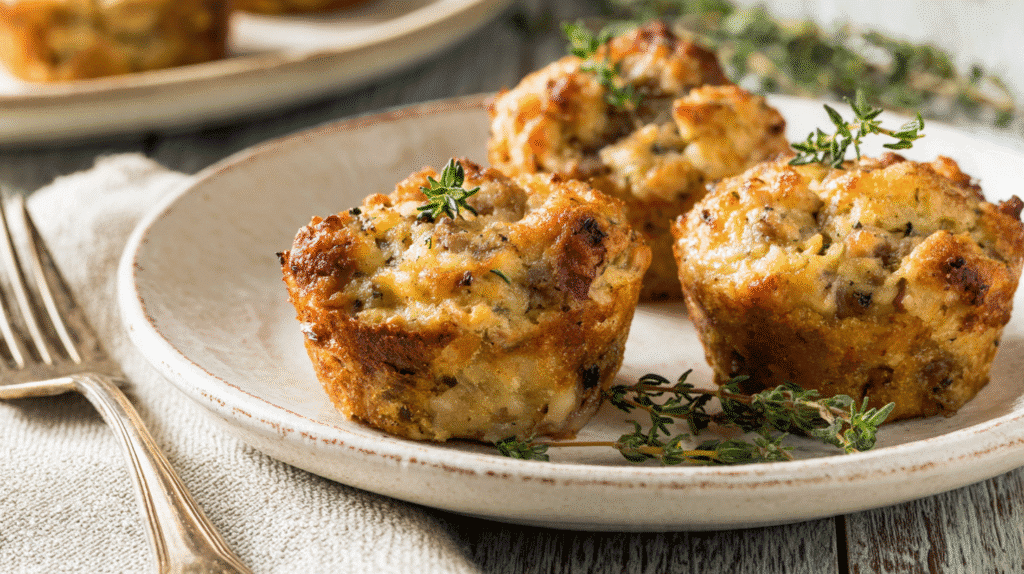 Mini Sausage Stuffing Muffins served on a plate