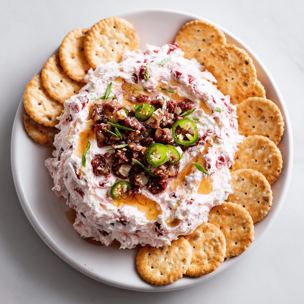 Cranberry Cream Cheese Dip with Jalapeño and Honey on white plate