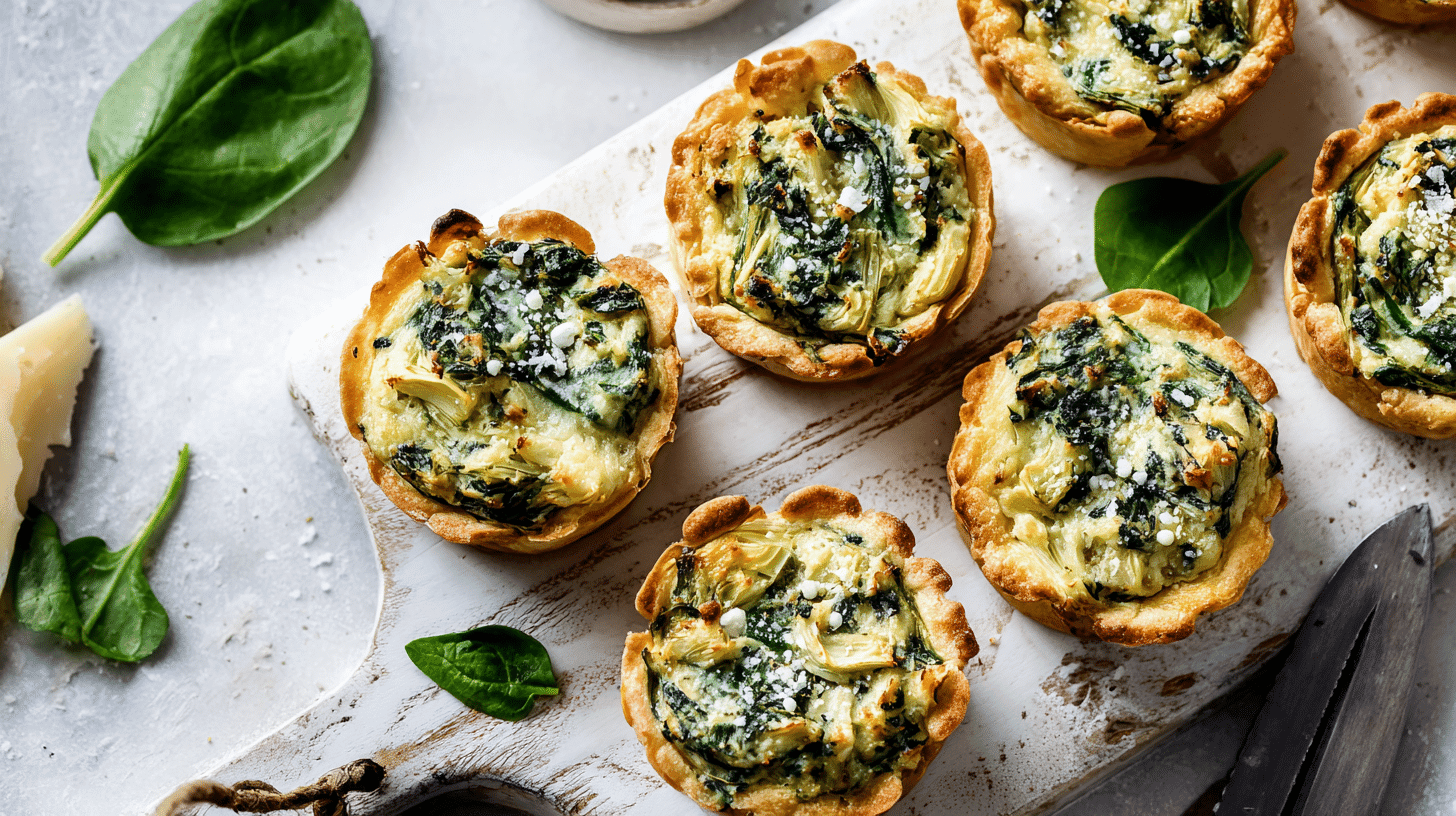 Mini Spinach Artichoke Cups freshly baked on a white board