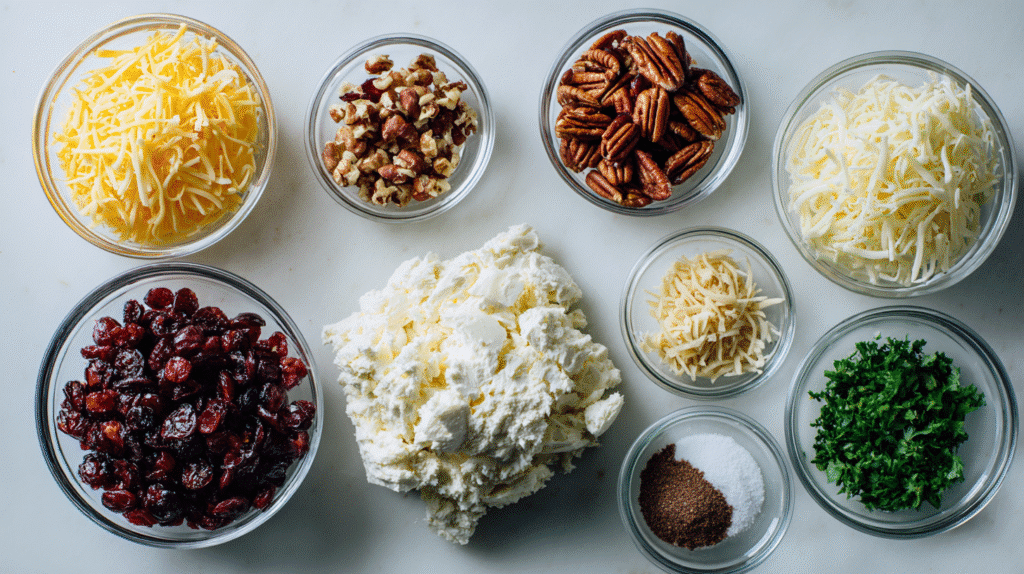 Ingredients for cranberry pecan cheese ball laid out in glass bowls