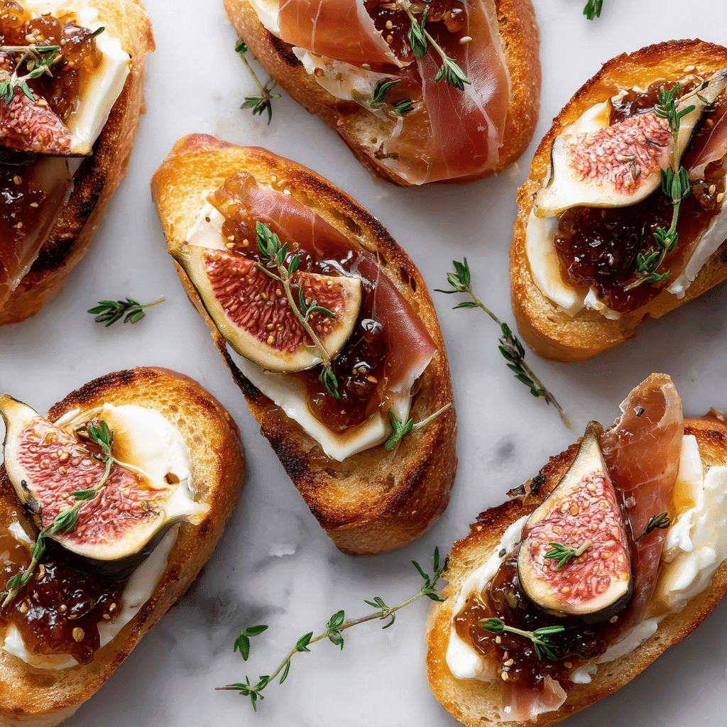 Brie Crostini with Fig and Prosciutto on marble plate