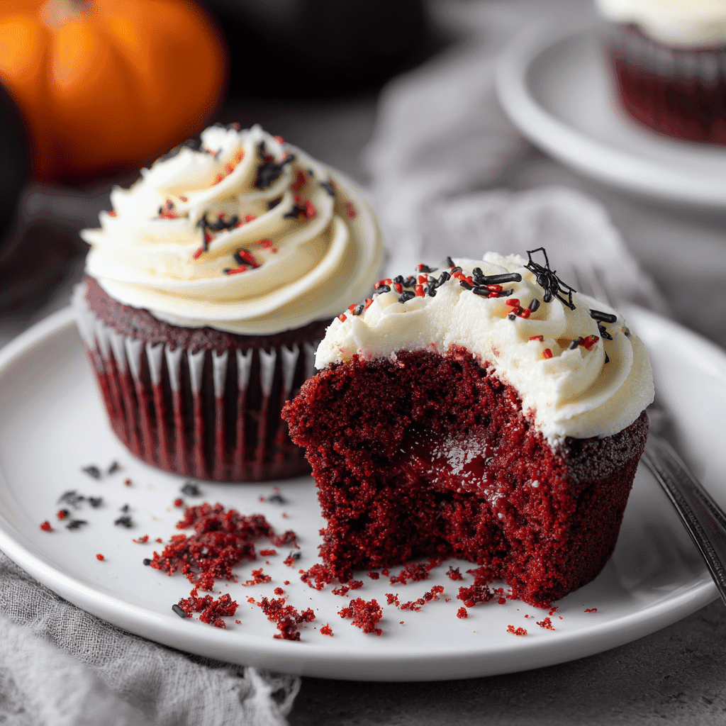 Served Bloody Red Velvet Halloween Cupcake showing raspberry center