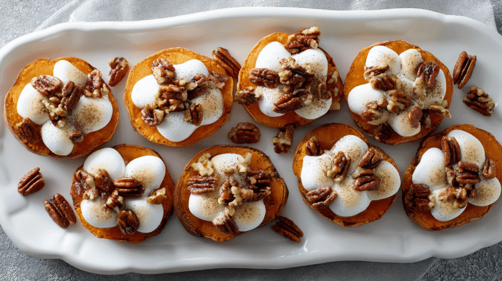Sweet Potato Rounds with Spiced Pecans and Marshmallow Cream