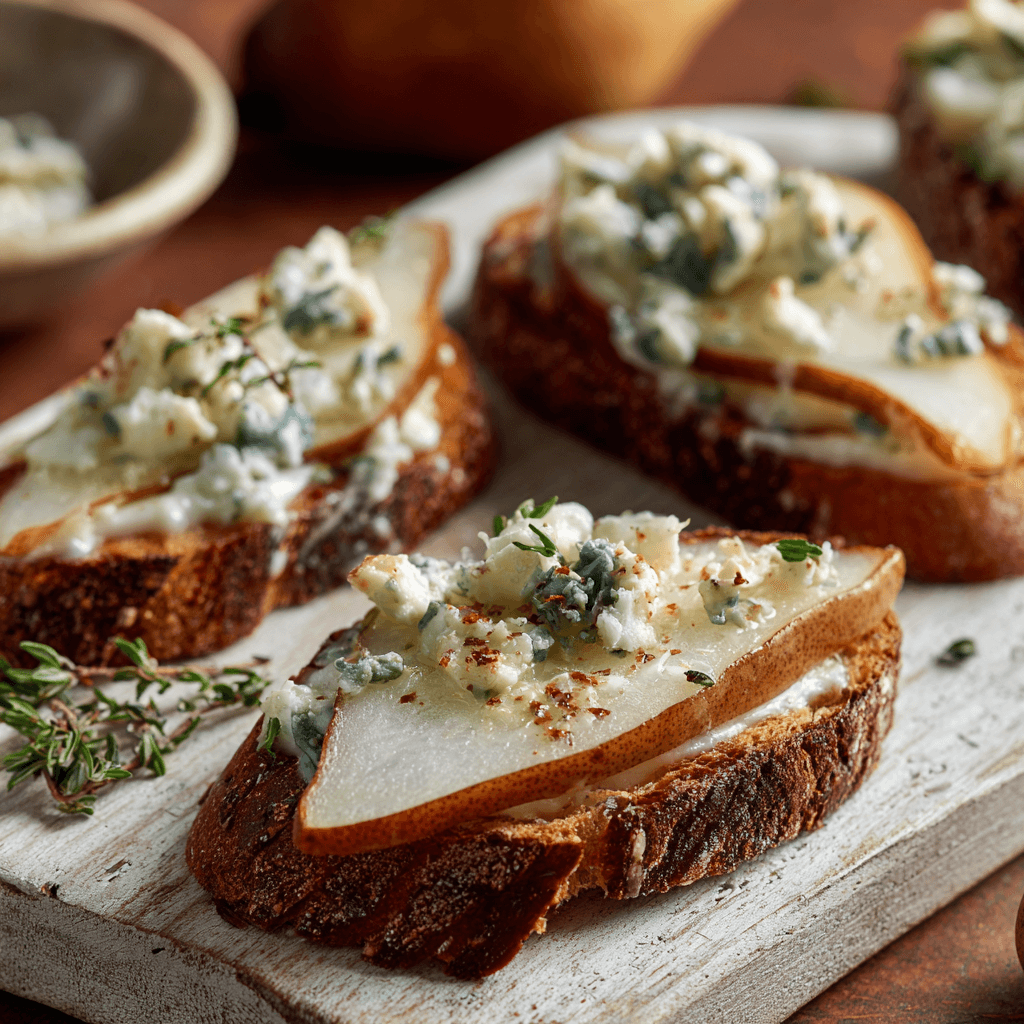 Blue Cheese and Pear Crostini on rustic board