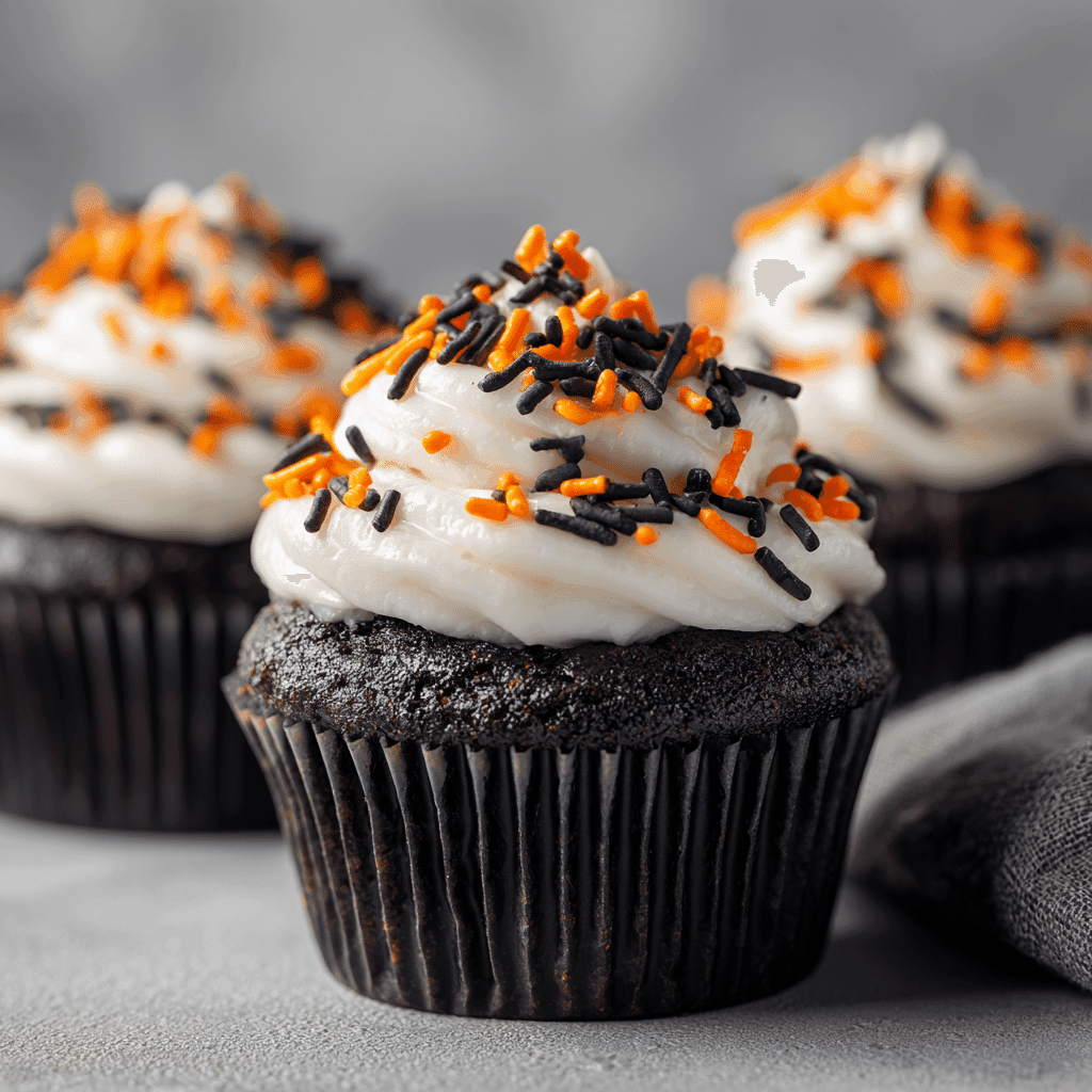 Black Velvet Halloween Cupcakes with Cream Cheese Frosting on white background