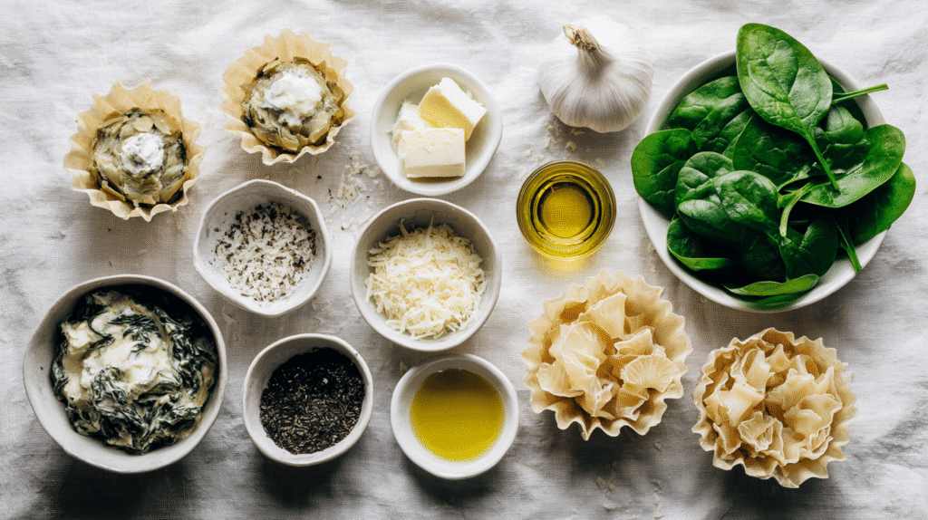 Ingredients for Mini Spinach Artichoke Cups on white background