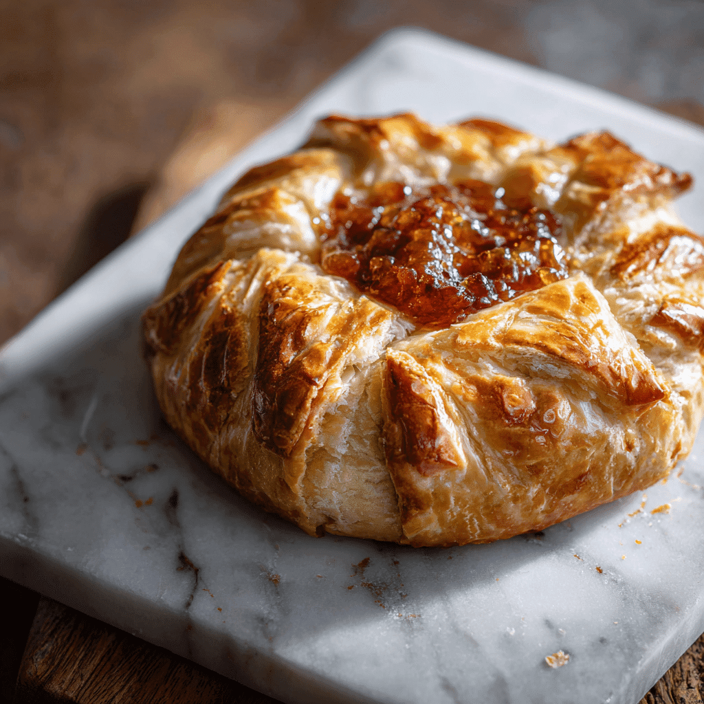 Baked Brie en Croûte with Fig Jam Center close-up on marble platter