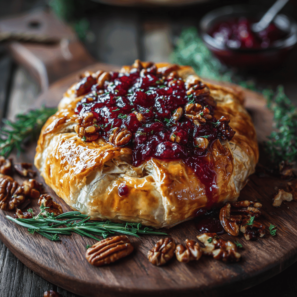 Cranberry Pecan Baked Brie topped with pecans and cranberry sauce