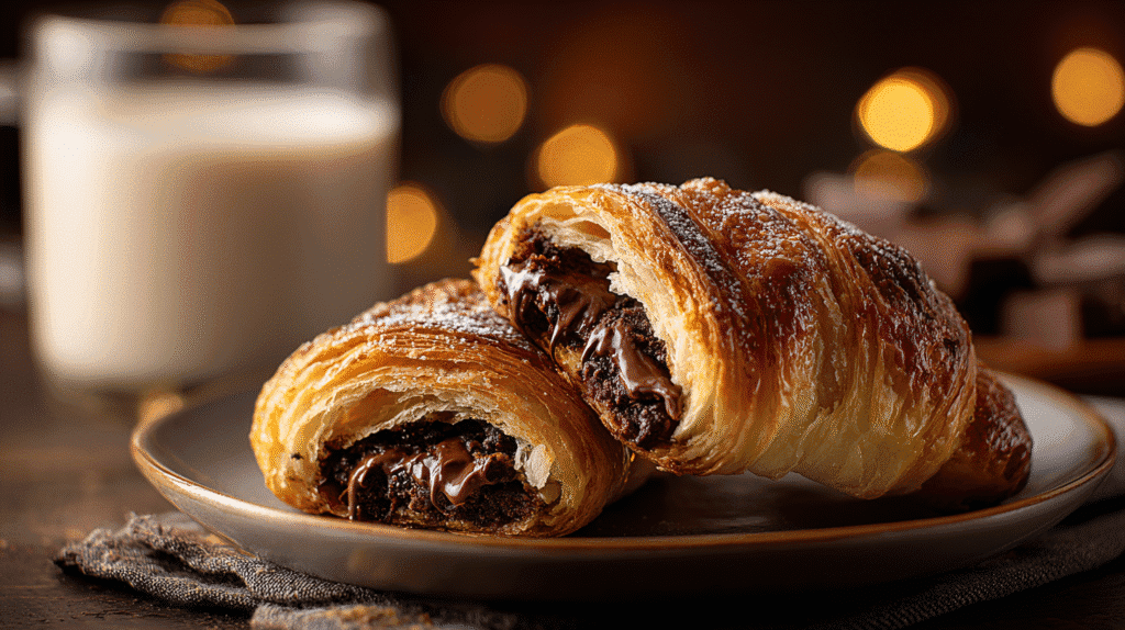 Cookie croissant split open with gooey center