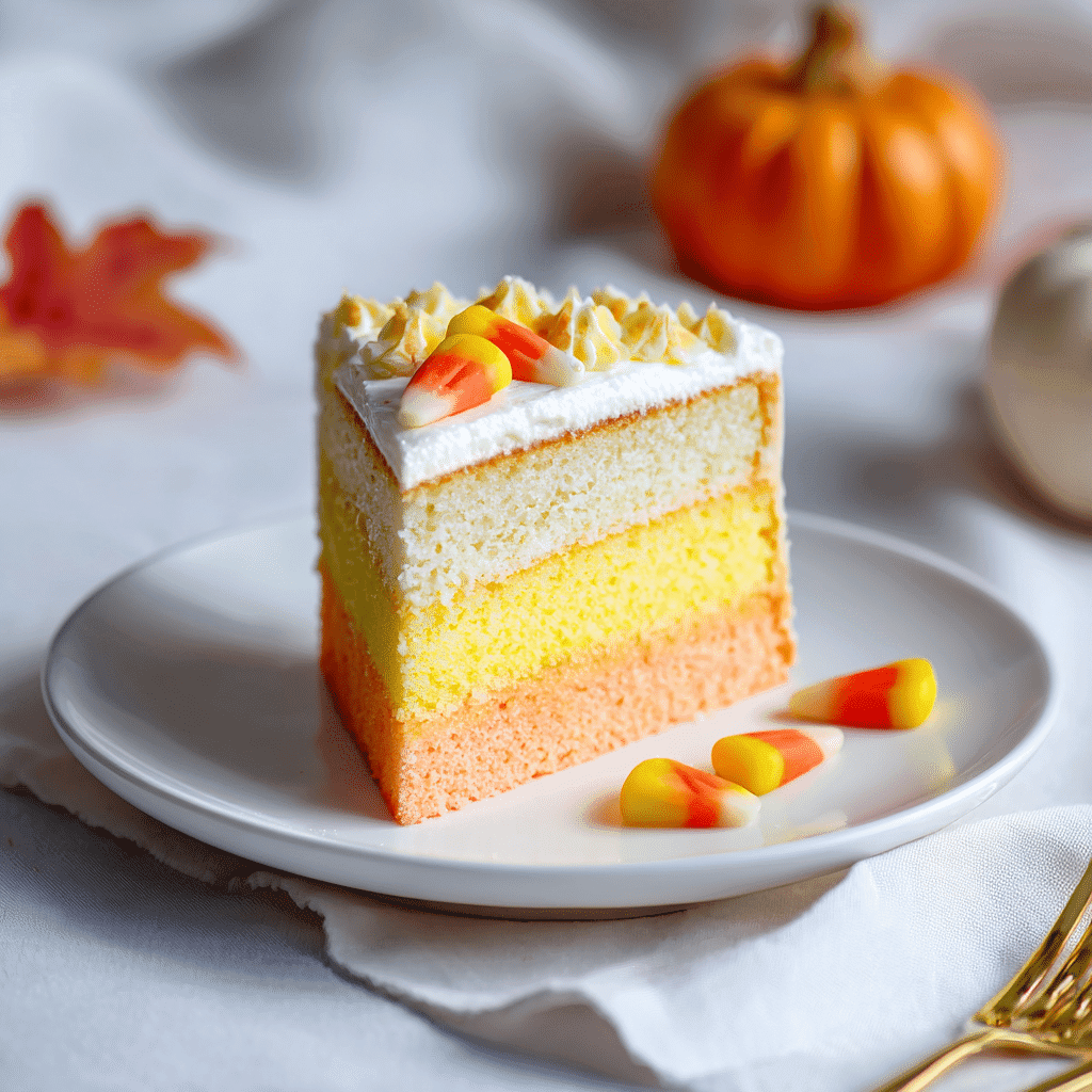 A slice of Candy Corn Ombre Cake on a plate with candy corn