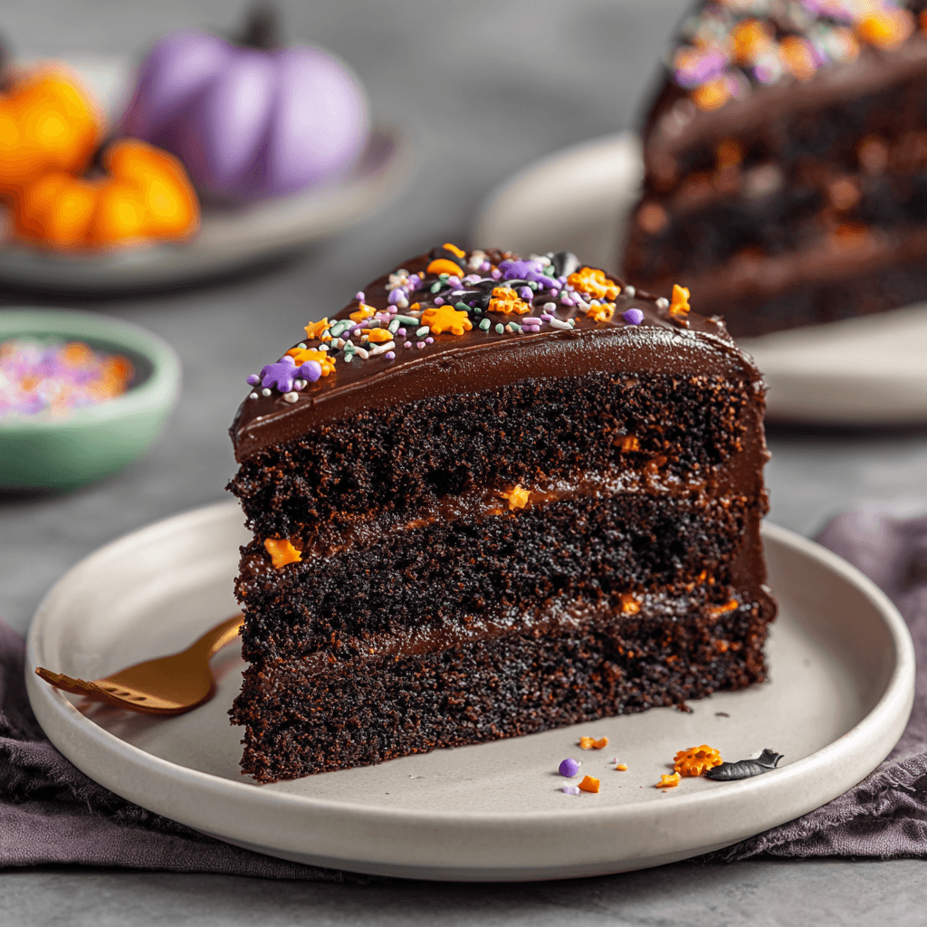 A slice of Haunted House Layer Cake served on a plate