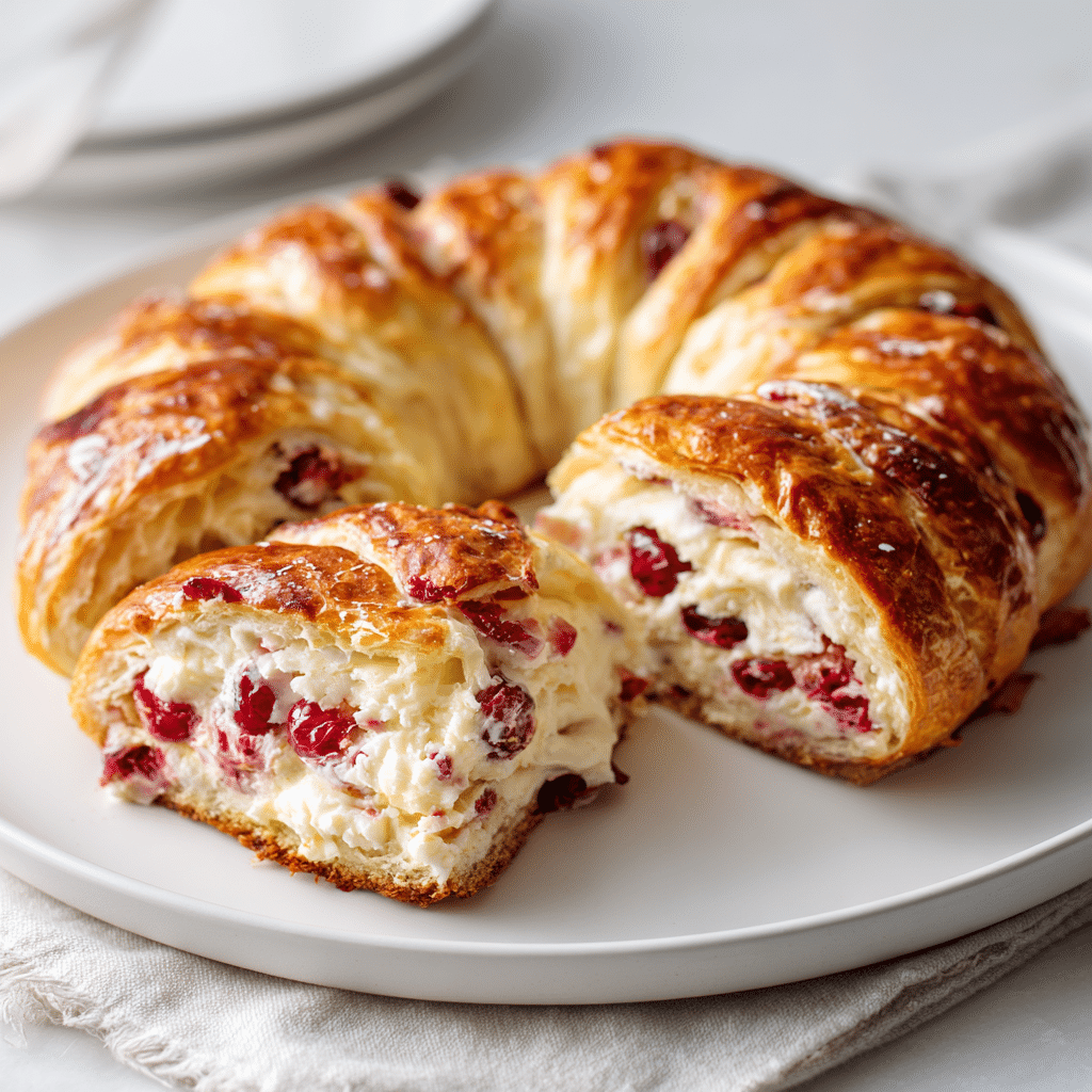 Slice of Cranberry Cream Cheese Crescent Ring served on plate