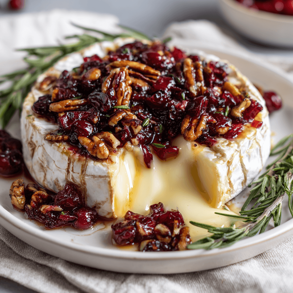 Cranberry Pecan Baked Brie served on white plate with rosemary garnish