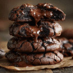 Gooey Lava Cookies stacked with molten centers