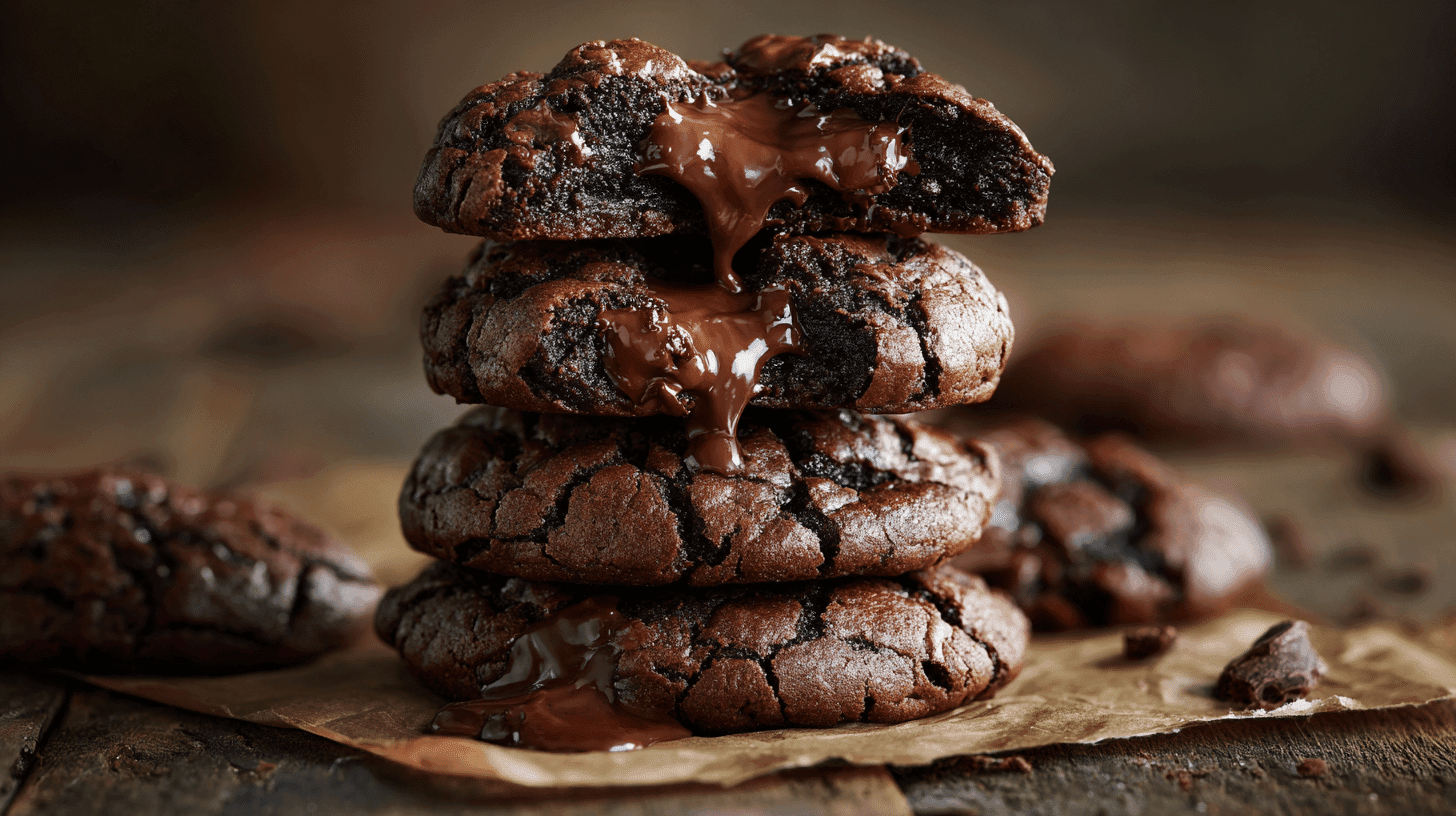 Gooey Lava Cookies stacked with molten centers