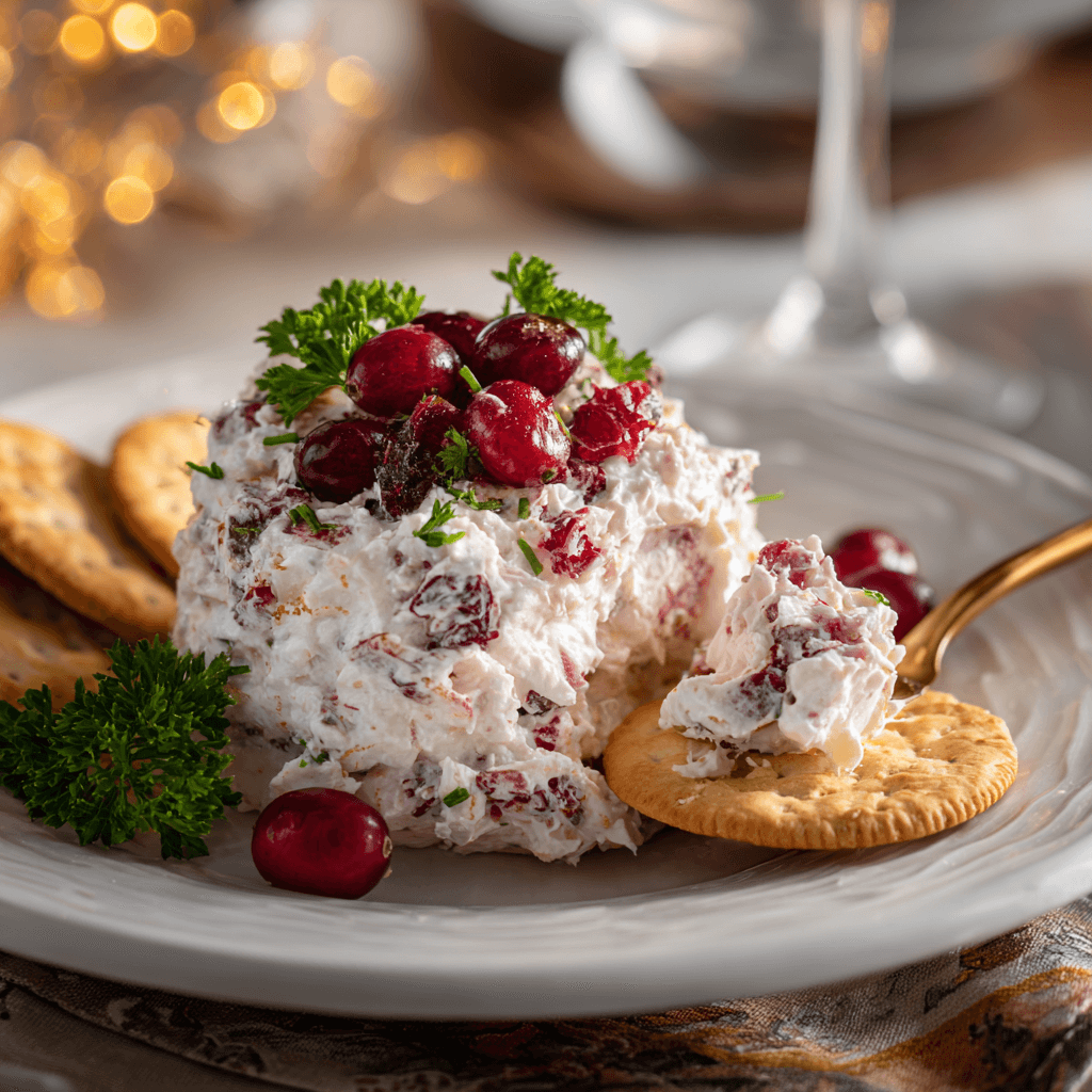 Served portion of Cranberry Cream Cheese Dip with Jalapeño and Honey on cracker