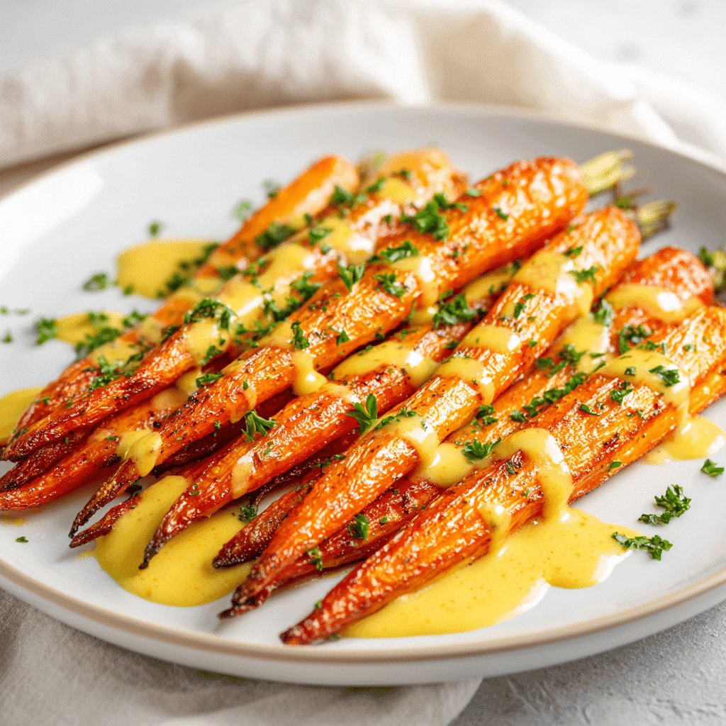 Served roasted carrots with honey mustard drizzle