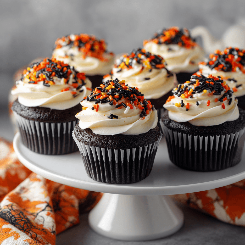 Black Velvet Halloween Cupcakes served on white cake stand